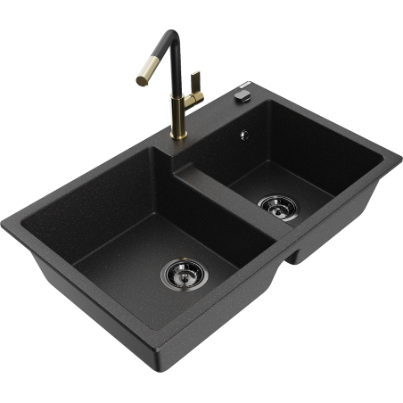Mexen Tomas Granitspüle 2-Kammer mit Küchenarmatur Flora, schwarz/silber metallic - 6516-73-670401-57-B
