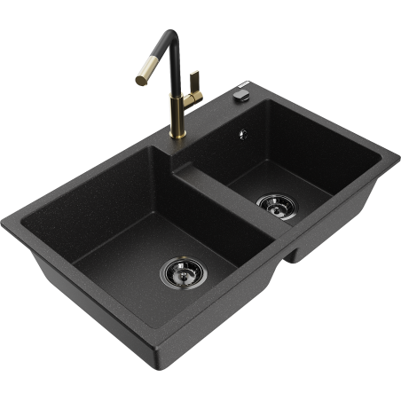 Mexen Tomas Granitspüle mit 2 Becken und Küchenarmatur Flora, schwarz/silber metallic - 6516-73-670401-57-B
