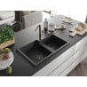 Mexen Tomas Granitspüle 2-Kammer mit Küchenarmatur Flora, schwarz/silber metallic - 6516-73-670401-57-B