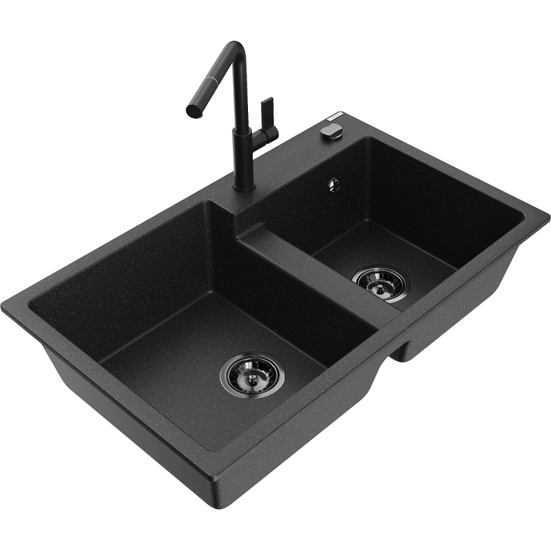 Mexen Tomas Granitspüle 2-Becken mit Küchenarmatur Flora, schwarz/silber metallisch - 6516-73-670401-70-B