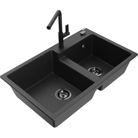 Mexen Tomas Granitspüle 2-Becken mit Küchenarmatur Flora, schwarz/silber metallisch - 6516-73-670401-70-B
