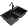 Mexen Tomas Granitspüle 2-Becken mit Küchenarmatur Flora, schwarz/silber metallisch - 6516-73-670401-70-B