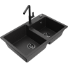 Mexen Tomas Granitspüle 2-Kammer mit Küchenarmatur Flora, schwarz/silber metallic - 6516-73-670401-70-B
