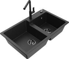 Mexen Tomas Granitspüle 2-Becken mit Küchenarmatur Flora, schwarz/silber metallisch - 6516-73-670401-70-B