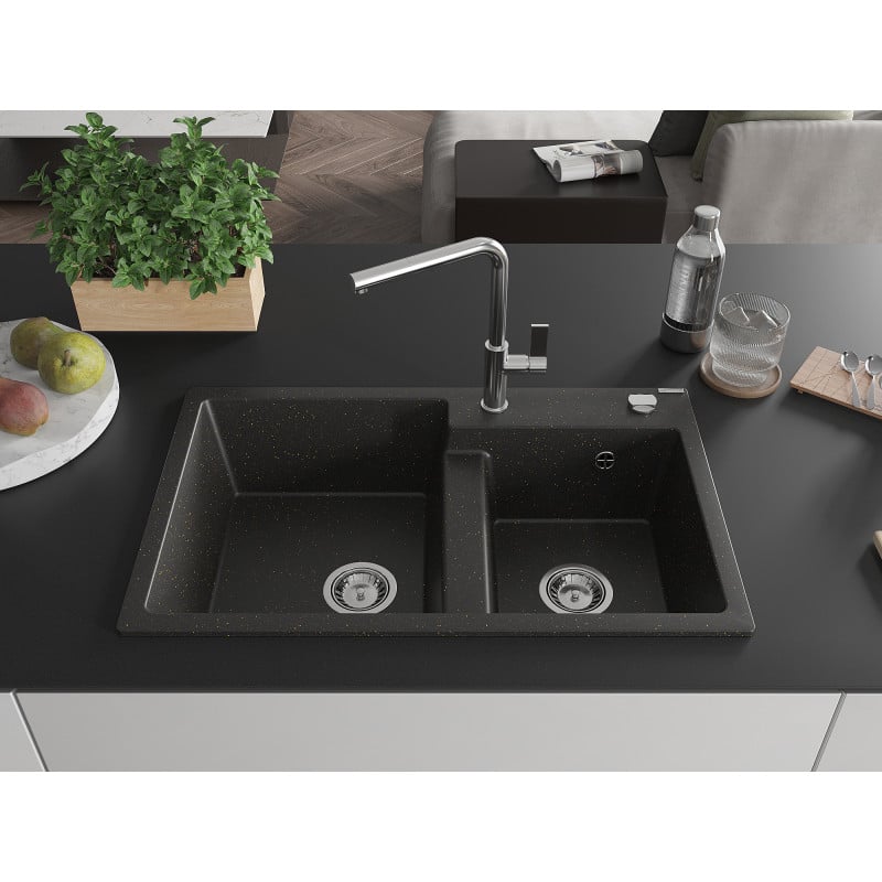 Mexen Tomas Granitspüle 2-Kammer mit Küchenarmatur Flora, schwarz/gold metallic - 6516-75-670401-00