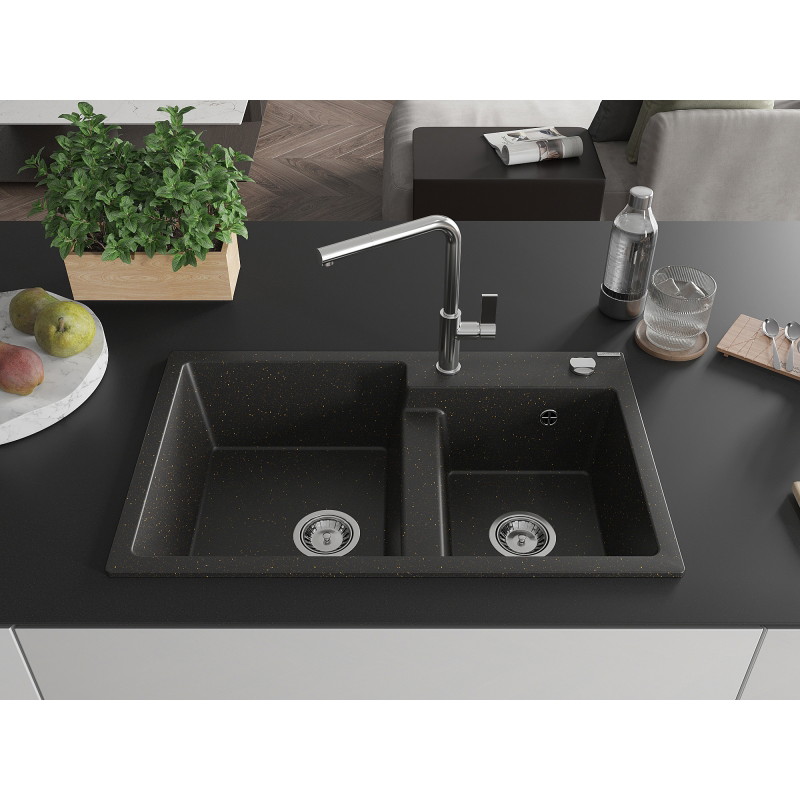 Mexen Tomas Granitspüle 2-Kammern mit Küchenarmatur Flora, schwarz/gold metallic - 6516-75-670401-00