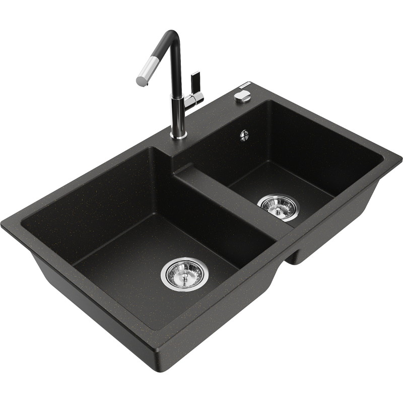 Mexen Tomas 2-Kammer-Granispülbecken mit Küchenarmatur Flora, schwarz/gold metallic - 6516-75-670401-07