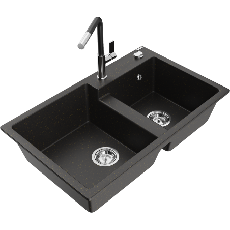 Mexen Tomas Granitspüle 2-Kammer mit Küchenarmatur Flora, schwarz/gold-metallic - 6516-75-670401-07