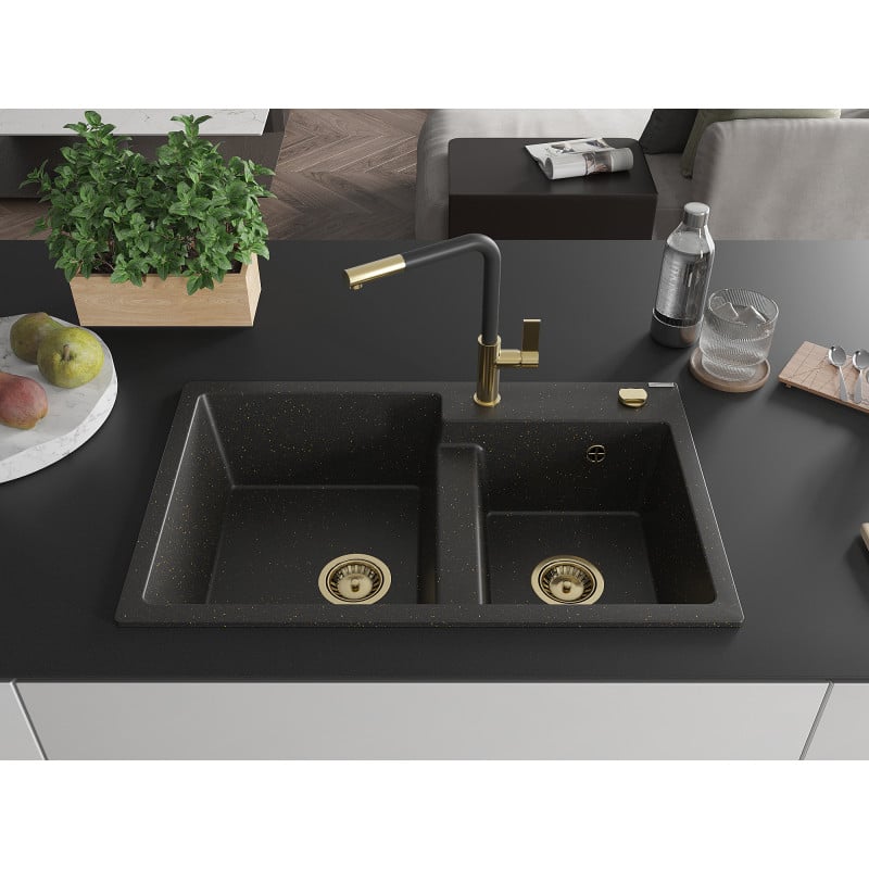Mexen Tomas Granitspüle 2-Kammern mit Küchenarmatur Flora, schwarz/gold Metallic - 6516-75-670401-57-G