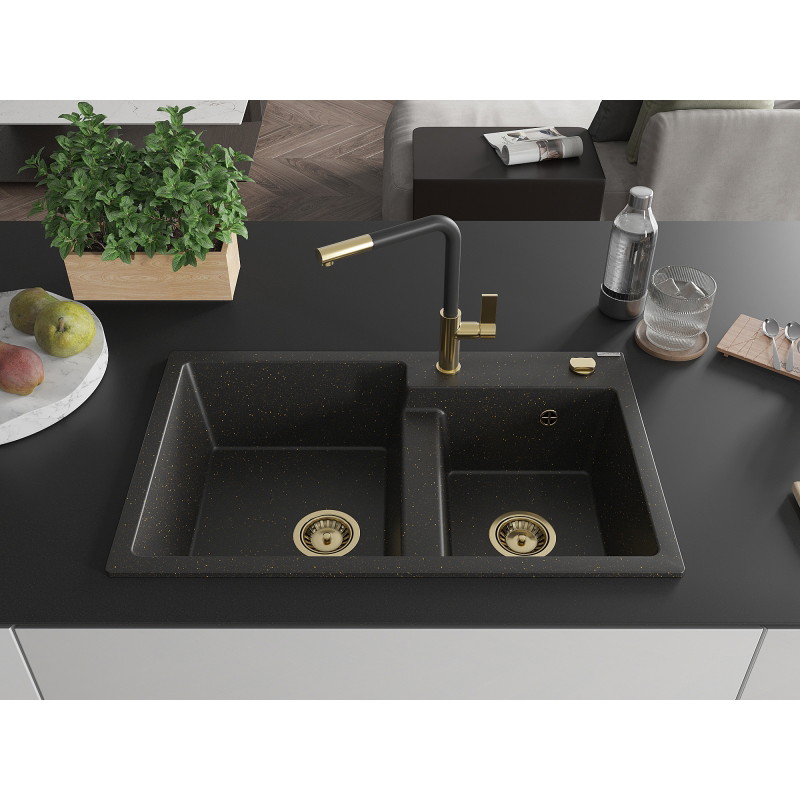 Mexen Tomas Granitspüle mit 2 Becken und Küchenarmatur Flora, schwarz/gold metallic - 6516-75-670401-57-G