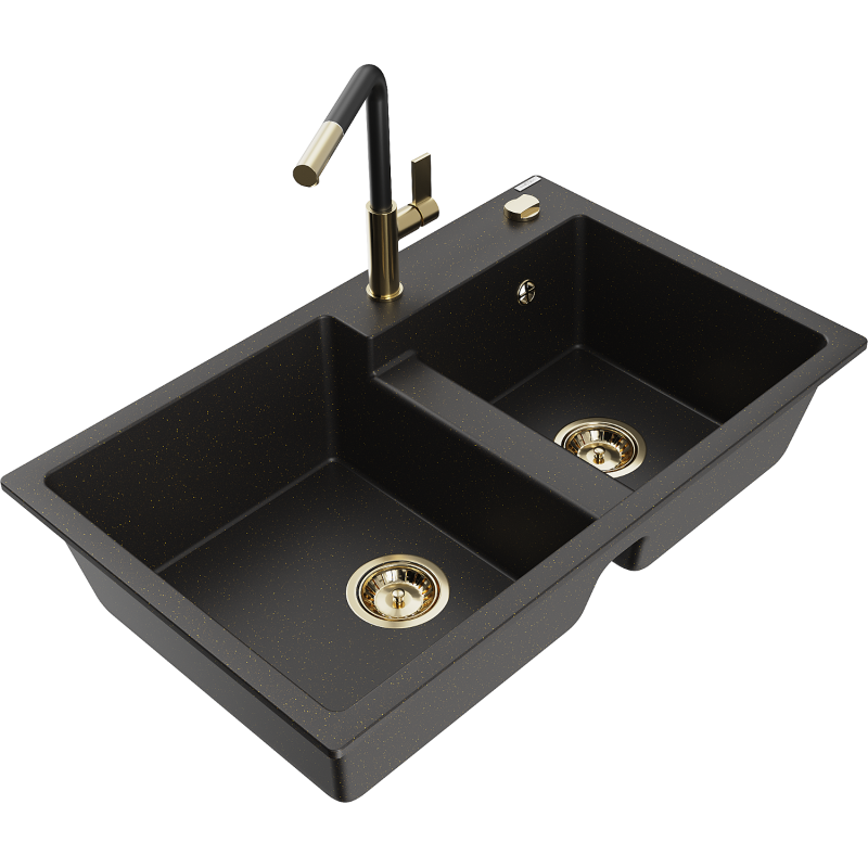 Mexen Tomas Granitspüle 2-Kammern mit Küchenarmatur Flora, schwarz/gold Metallic - 6516-75-670401-57-G
