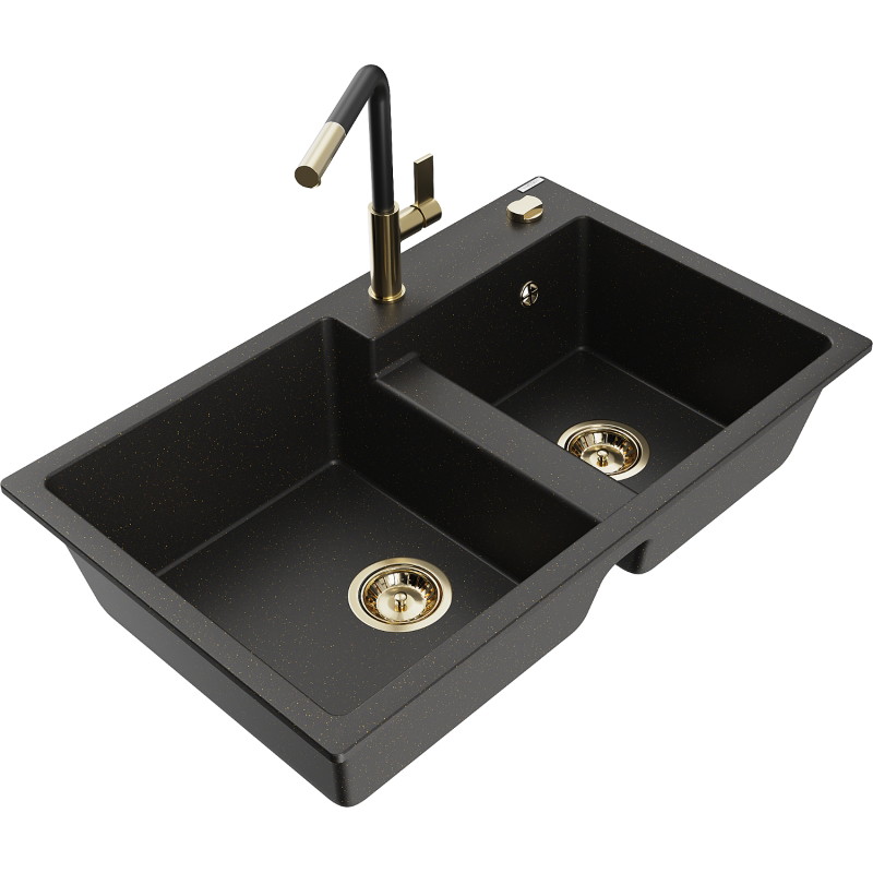 Mexen Tomas Granitspüle mit 2 Becken und Küchenarmatur Flora, schwarz/gold metallic - 6516-75-670401-57-G
