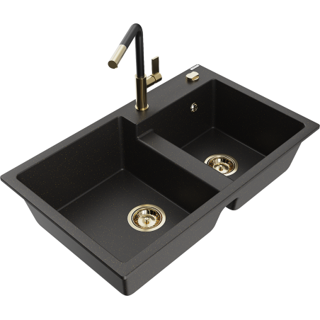 Mexen Tomas Granitspüle 2-Kammern mit Küchenarmatur Flora, schwarz/gold Metallic - 6516-75-670401-57-G