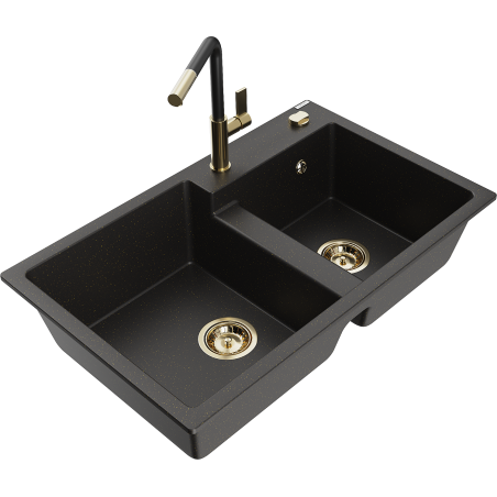 Mexen Tomas Granitspüle mit 2 Becken und Küchenarmatur Flora, schwarz/gold metallic - 6516-75-670401-57-G