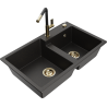 Mexen Tomas Granitspüle 2-Kammern mit Küchenarmatur Flora, schwarz/gold Metallic - 6516-75-670401-57-G