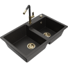 Mexen Tomas Granitspüle mit 2 Becken und Küchenarmatur Flora, schwarz/gold metallic - 6516-75-670401-57-G