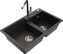 Mexen Tomas Granitspüle 2-Kammern mit Küchenarmatur Flora, schwarz/gold Metallic - 6516-75-670401-57-G