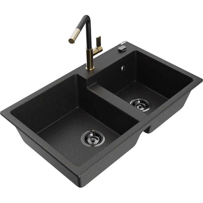 Mexen Tomas Granitspüle 2-becken mit Küchenarmatur Flora, schwarz/gold metallic - 6516-75-670401-57-B