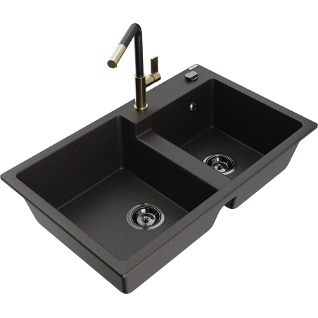 Mexen Tomas Granitspüle 2-becken mit Küchenarmatur Flora, schwarz/gold metallic - 6516-75-670401-57-B