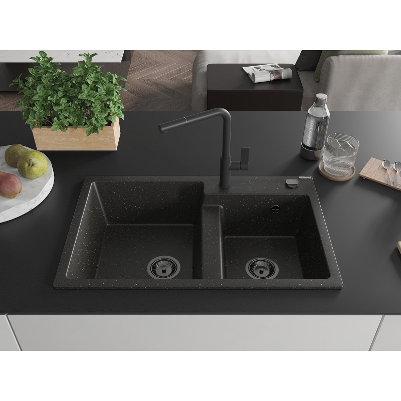 Mexen Tomas Granitspüle 2-Kammern mit Küchenarmatur Flora, schwarz/gold metallic - 6516-75-670401-70-B