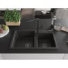 Mexen Tomas Granitspüle mit 2 Becken und Küchenarmatur Flora, schwarz/gold Metallic - 6516-75-670401-70-B