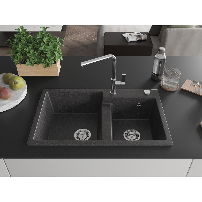 Mexen Tomas Granitspüle 2-Becken mit Küchenarmatur Flora, schwarz gesprenkelt - 6516-76-670401-00