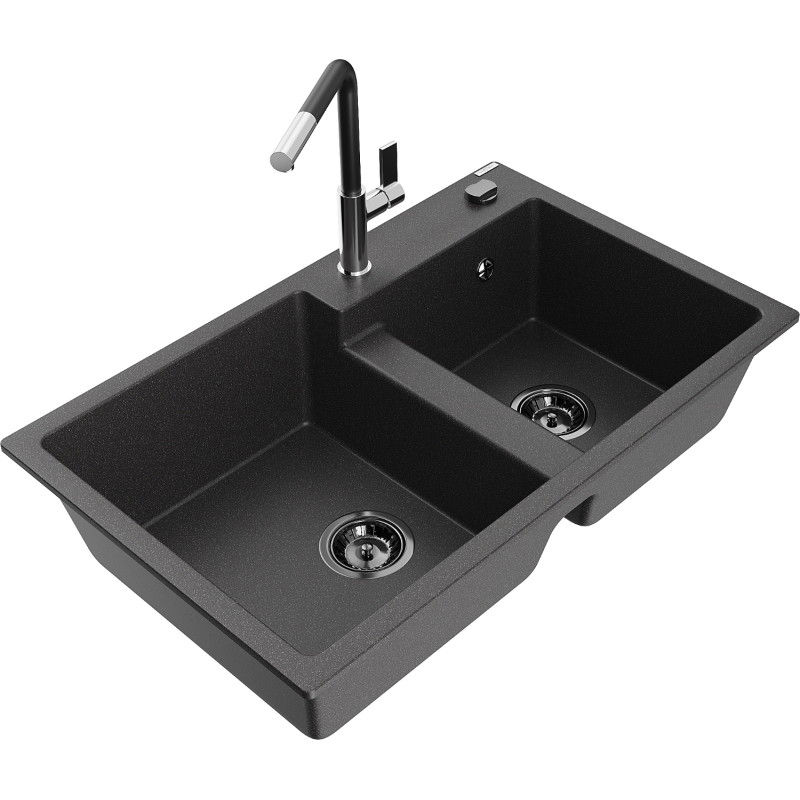 Mexen Tomas 2-Schalen Granitspüle mit Küchenarmatur Flora, gesprenkelt schwarz - 6516-76-670401-07-B