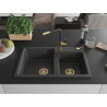 Mexen Tomas Granit-Spüle 2-Kammer mit Küchenarmatur Flora, schwarz gesprenkelt - 6516-76-670401-57-G