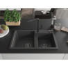 Mexen Tomas Granitspüle mit 2 Becken und Küchenarmatur Flora, schwarz gesprenkelt - 6516-76-670401-70-B