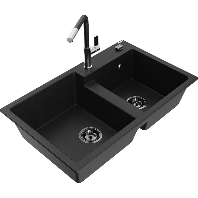 Mexen Tomas Granitspüle, 2-becken mit Küchenarmatur Flora, schwarz - 6516-77-670401-07-B