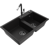 Mexen Tomas Granitspüle 2-Kammer mit Küchenarmatur Flora, schwarz - 6516-77-670401-07-B