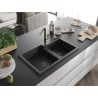 Mexen Tomas Granitspüle 2-Kammern mit Küchenarmatur Flora, schwarz - 6516-77-670401-57-B