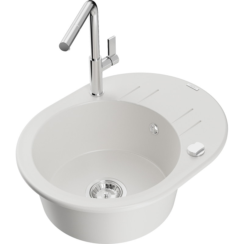Mexen Kevin Granitspüle 1-Becken mit Abtropffläche und Küchenarmatur Flora, weiß - 6517-20-670401-00