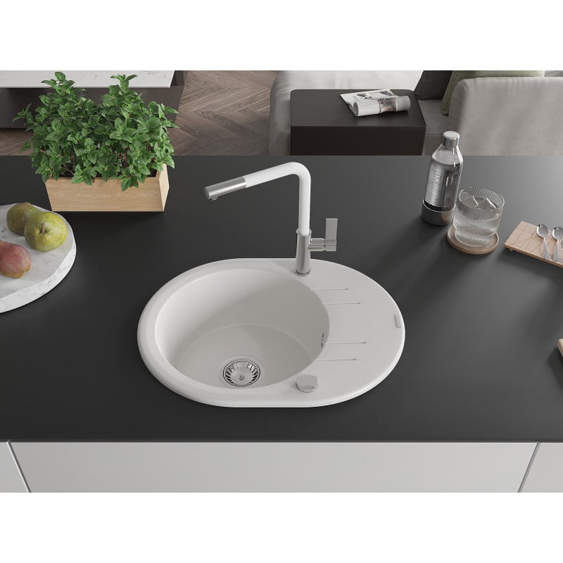 Mexen Kevin Granitspüle, 1-Becken mit Abtropffläche und Küchenarmatur Flora, weiß - 6517-20-670401-02