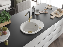Mexen Kevin Granitspüle 1-Becken mit Abtropffläche und Küchenarmatur Flora, weiß - 6517-20-670401-57-G