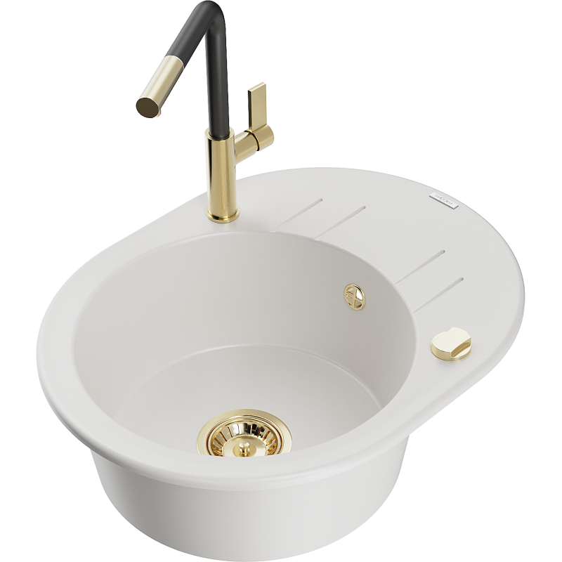 Mexen Kevin Granitspüle 1-Becken mit Abtropffläche und Küchenarmatur Flora, weiß - 6517-20-670401-57-G