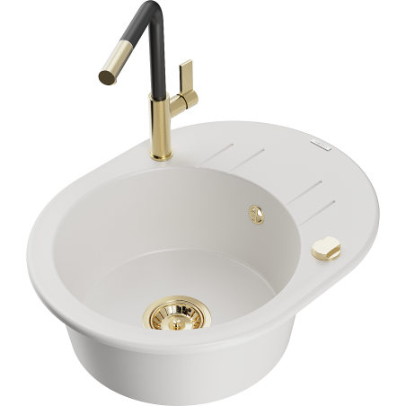 Mexen Kevin Granitspüle 1-Becken mit Abtropffläche und Küchenarmatur Flora, weiß - 6517-20-670401-57-G