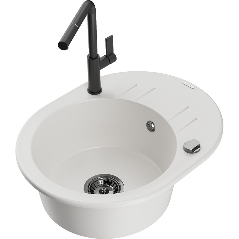 Mexen Kevin Granitspüle 1-Becken mit Abtropffläche und Küchenarmatur Flora, weiß - 6517-20-670401-70-B