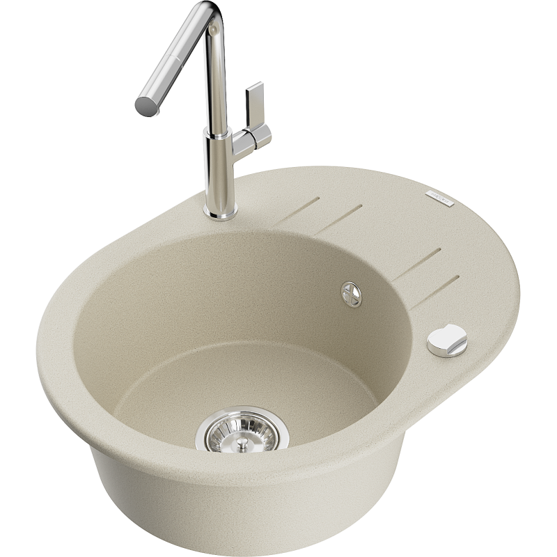 Mexen Kevin Granitspüle 1-Becken mit Abtropffläche und Küchenarmatur Flora, Beige - 6517-69-670401-00