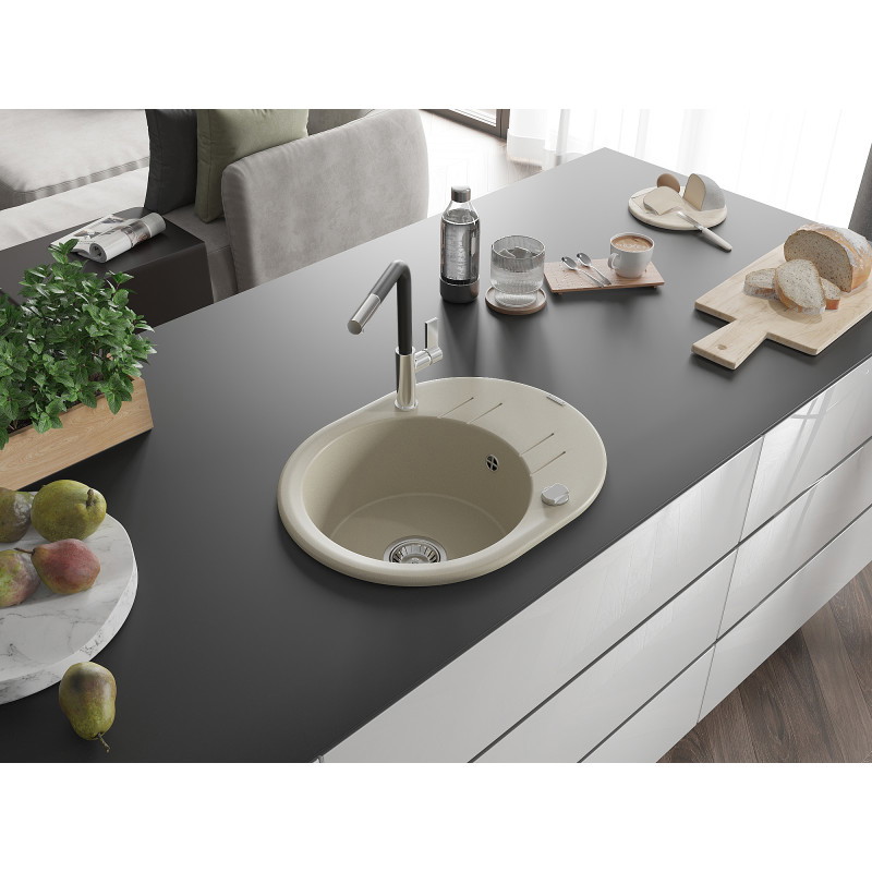 Mexen Kevin Granitspüle 1-beckig mit Abtropffläche und Küchenarmatur Flora, beige - 6517-69-670401-07