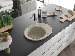Mexen Kevin Granitspüle 1-beckig mit Abtropffläche und Küchenarmatur Flora, beige - 6517-69-670401-07