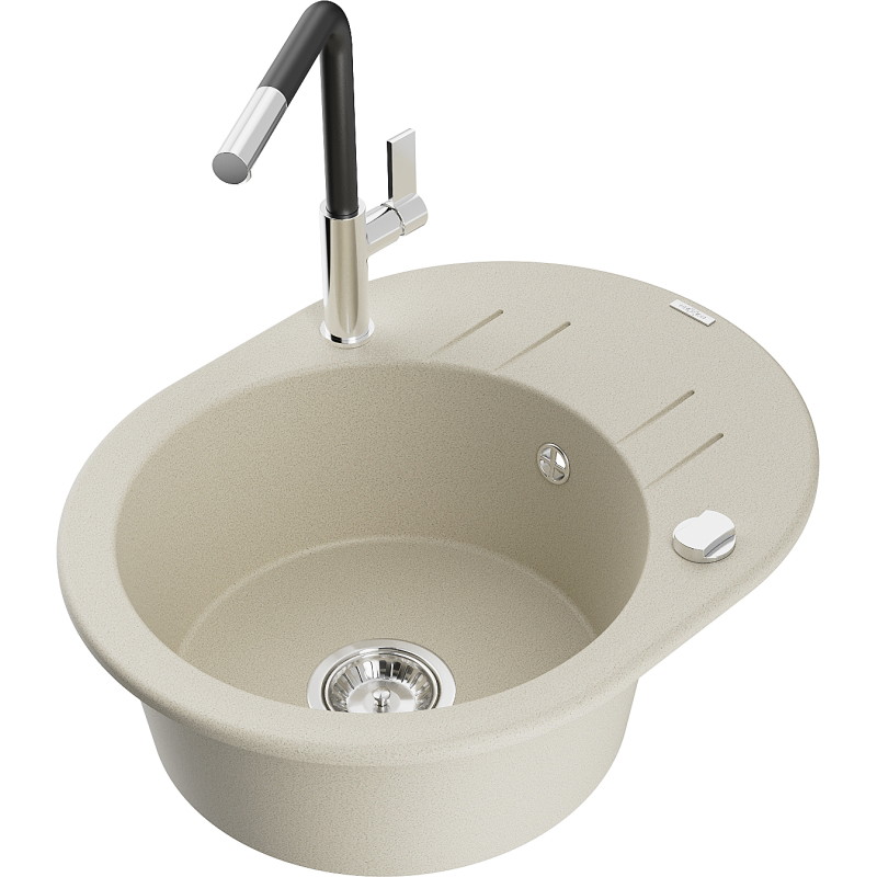 Mexen Kevin Granitspüle mit einer Kammer, Abtropffläche und Küchenarmatur Flora, beige - 6517-69-670401-07