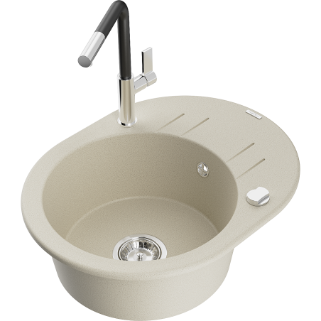 Mexen Kevin Granitspüle 1-beckig mit Abtropffläche und Küchenarmatur Flora, beige - 6517-69-670401-07
