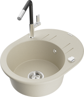 Mexen Kevin Granitspüle 1-beckig mit Abtropffläche und Küchenarmatur Flora, beige - 6517-69-670401-07