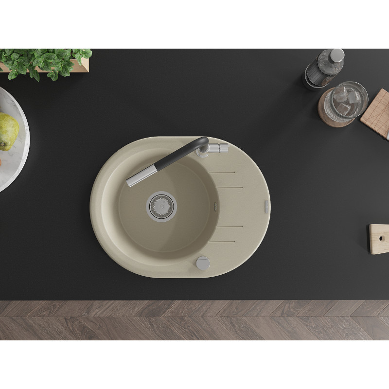 Mexen Kevin Granitspüle 1-beckig mit Abtropffläche und Küchenarmatur Flora, beige - 6517-69-670401-07