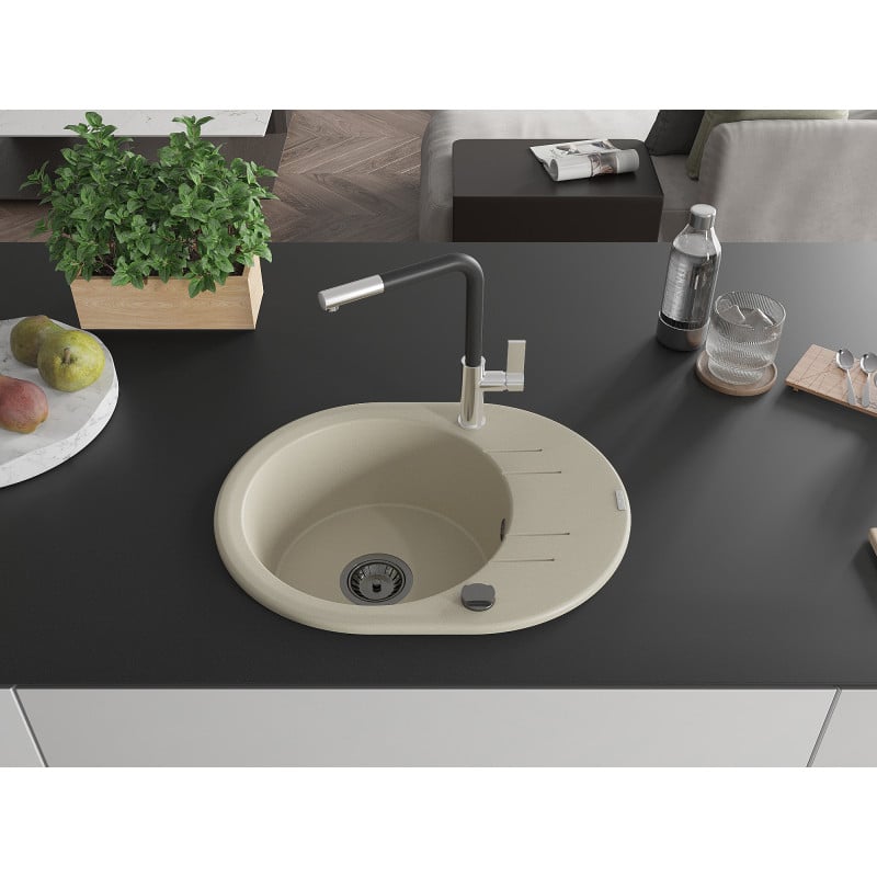 Mexen Kevin Granitspüle 1-beckig mit Abtropffläche und Küchenarmatur Flora, beige - 6517-69-670401-07-B