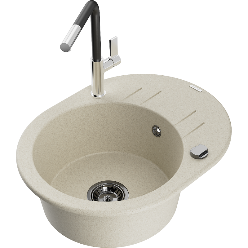 Mexen Kevin Granitspüle 1-beckig mit Abtropffläche und Küchenarmatur Flora, beige - 6517-69-670401-07-B