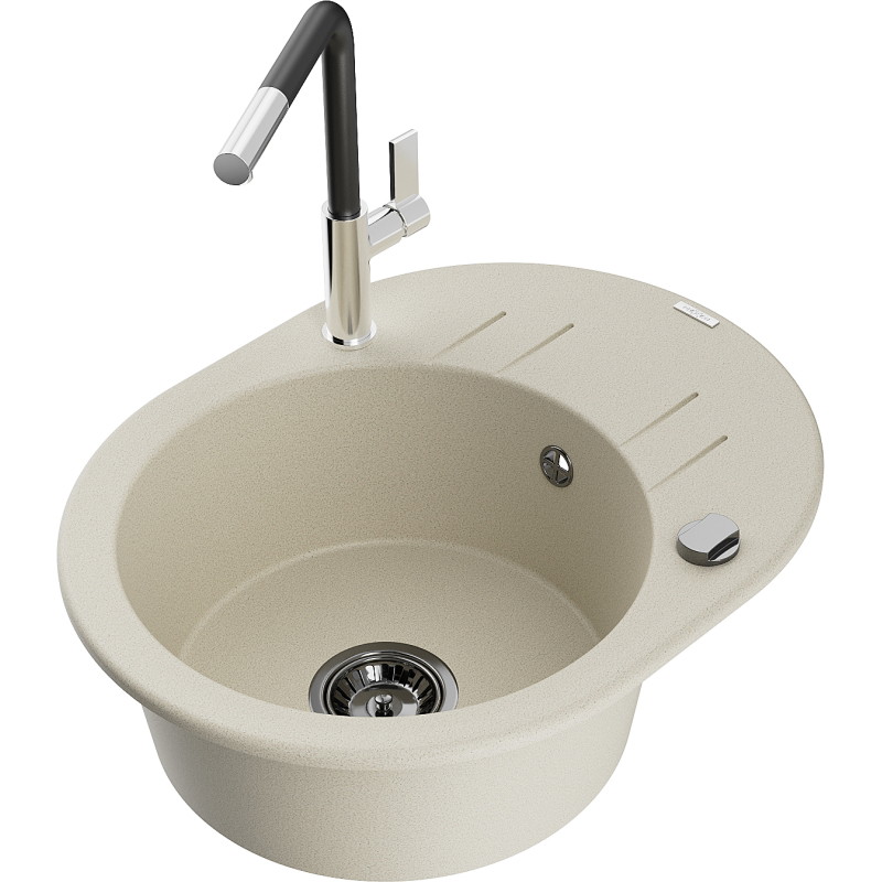 Mexen Kevin Granitspüle mit 1 Becken, Abtropffläche und Küchenarmatur Flora, beige - 6517-69-670401-07-B