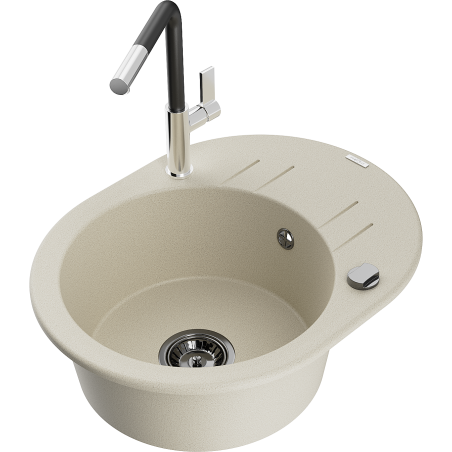 Mexen Kevin Granitspüle mit 1 Becken, Abtropffläche und Küchenarmatur Flora, beige - 6517-69-670401-07-B