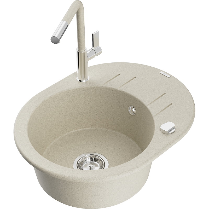 Mexen Kevin Granitspüle 1-Becken mit Abtropffläche und Küchenarmatur Flora, beige - 6517-69-670401-09